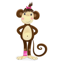 Cartoon illustration of monkey female. The monkey, a symbol of the new 2016 year. Cartoon vector illustration of cute girl monkey with a pink bow on her head standing up and smiling.
