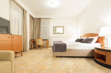 Interior of a double bed hotel bedroom