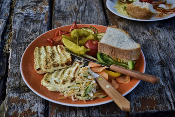 Grilled cheese with vegetables - peppers, tomato, cabbage and br