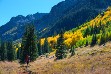 Fototapeta na wymiar Hiker Backpacker Colorado Fall foliage Colors
