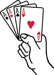 Winning hand with four aces playing cards