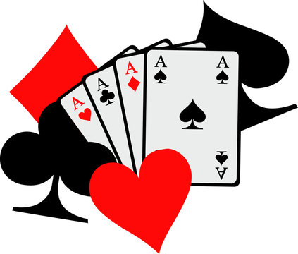 Four aces playing cards with big poker icons spades hearts diamonds clubs