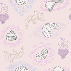 Seamless pattern with baking, cup and flower.