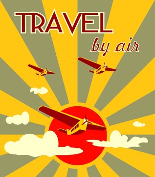 airplanes on sun burst backdrop and travel by air text