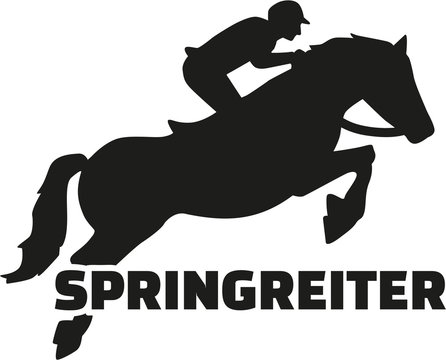 Show jumping rider, german word with silhouette