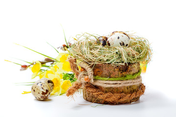 quail eggs in a wooden bowl