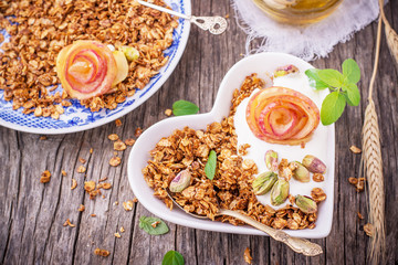 Granola with yogurt and caramel apple slices