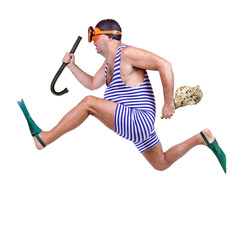 Man in swim dress running isolated on white background