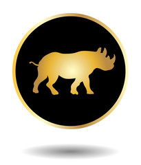 Vector golden and black icon with rhino isolated on white with shadow. Vector illustration