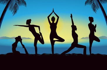 Beauty women group in sportswear posing different yoga posture. This illustration design in blue theme.