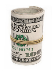 Hundred dollar rolled up on white background