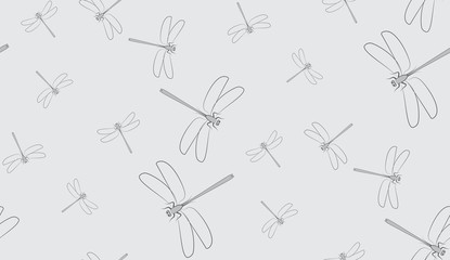 Vector seamless background of dragonflies. Chaotic dragonflies on a gray background.
