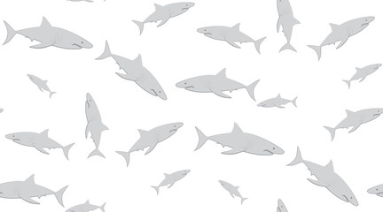 Vector seamless pattern of sharks. Sharks are located randomly on a white background.
