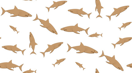 Vector seamless pattern of sharks. Sharks are located randomly on a white background.