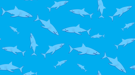 Vector seamless pattern of sharks. Sharks are located randomly on a blue background.