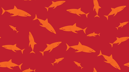 Vector seamless pattern of sharks. Sharks are located randomly on a red background.