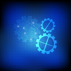 Vector : Gears and electronic circuit on grid blue background