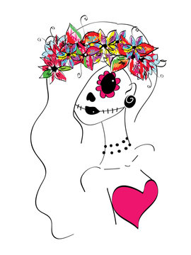 line art girl with creative makeup, sugar skull painted, Day of the Dead concept, Dia de los Muertos