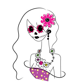 line art girl with creative makeup, sugar skull painted, Day of the Dead concept, Dia de los Muertos