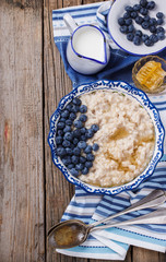 Oatmeal with blueberries and honey. Healthy Breakfast.Copy space.selective focus