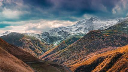Colorful autumn morning in the Caucasus mountains.