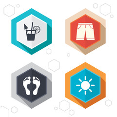 Beach holidays icons. Cocktail, human footprints