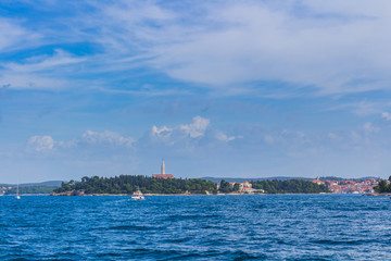 Panoramic view on old town Rovinj from harbor. Istria peninsula, Croatia