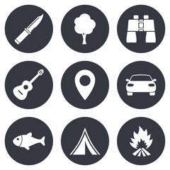 Camping, tourism icons. Fishing, guitar music.