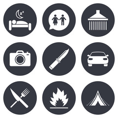 Hiking trip icons. Camping, shower and toilet.
