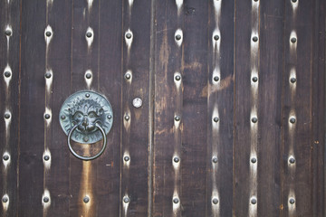 Wooden door with a handle in the form of a lion's head.