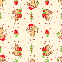 New Year seamless pattern with funny monkeys
