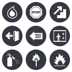 Fire safety, emergency icons. Extinguisher sign.