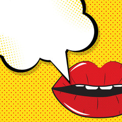 Open Red Lips with Speech Bubble Pop Art Background On Dot Backg