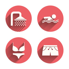 Swimming pool icons. Shower and swimwear signs.