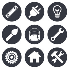 Repair, construction icons. Hammer, wrench tool.