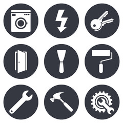 Repair, construction icons. Electricity, keys.