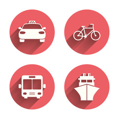 Transport icons. Taxi car, Bicycle, Bus and Ship