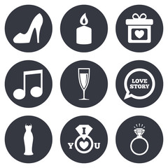 Wedding, engagement icons. Ring with diamond.