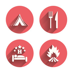 Food, sleep, camping tent and fire signs.