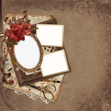 Frames with roses, retro decorations on vintage background