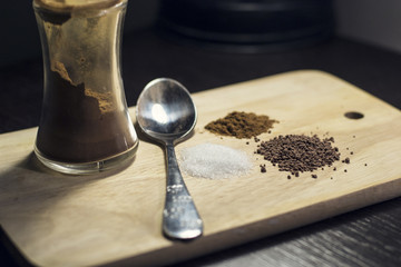 breadboard with sugar, cocoa and cinnamon