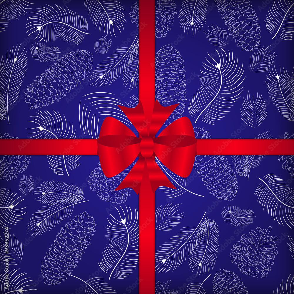 Fototapete seamless christmas pattern with outlines fir and pine cones and branches on a blue background