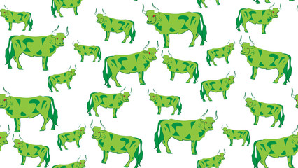 Vector seamless background of bulls. Chaotic cow on a white background.