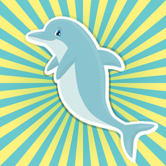 Cute smiling cartoon dolphin sticker on bright sunburst 