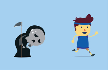 Healthy man run away from angel of death which it 's tired and can't follow to receive him life because him has good health