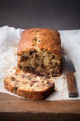 A fresh homemade loaf of banana walnut and chocolate chips bread