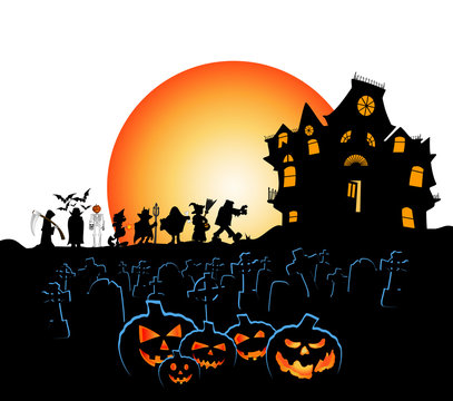 halloween pumpkins with costumes cemetery and haunted house on dark sky with moon.