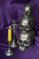 Crucifix and weathered human skull - Halloween background