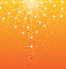 Abstract orange background with sun rays and shiny stars
