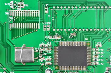 Printed computer motherboard with microcircuit, close up